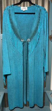 Back in the Saddle Teal Fringe Large Duster Cardigan Jacket Western Rodeo Concho